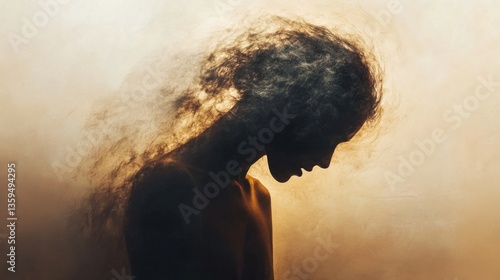 Human figure dissolving into shadow, representing the fading sense of self in a raw emotional depiction of depression and inner turmoil, in an ethereal and artistic style.