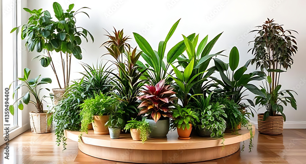 Obraz premium Lush Indoor Plant Arrangement on Wooden Stand