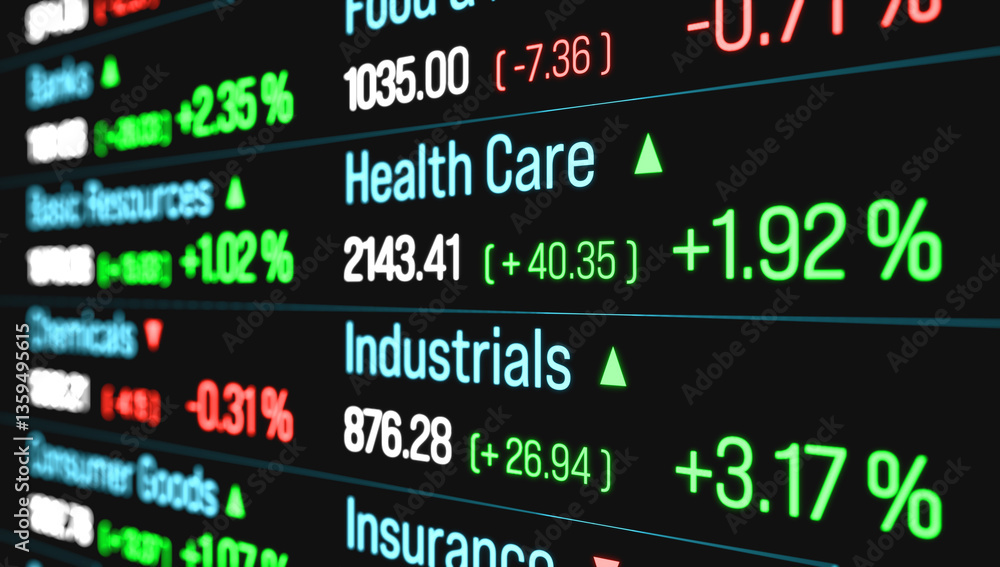 Obraz premium Sector index data, health care, industrials, insurance. Business, trading, investment. 3D illustration