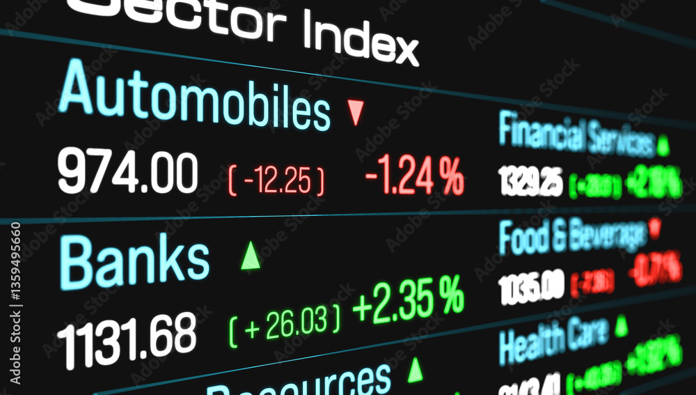 Sector index data, automobiles, chemicals, industrials, energy, health care, retail, technology. Business, trading, investment. 3D illustration Sector index data, automobiles, chemicals, industrials, energy, health care, retail, technology. Business, trading, investment. 3D illustration