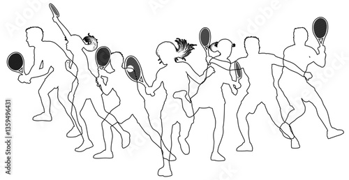 Silhouette Tennis players set. Active sports people healthy players fitness silhouettes concept.