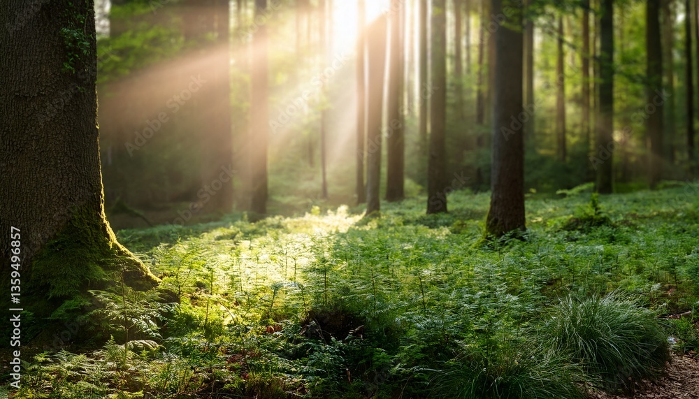 Obraz premium Lush green forest with sunbeams filtering through the trees, mystical atmosphere 