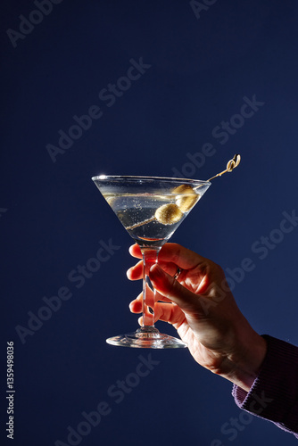 Fotografie Hand holding martini glass garnished with olives against a blue background creat