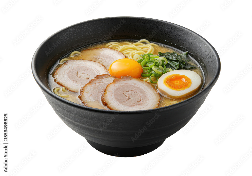 Delicious bowl of ramen with pork slices, egg, and greens on a dark table Delicious bowl of ramen with pork slices, egg, and greens on a dark table