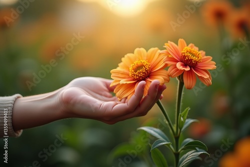 A close-up view of a hand reaching out to touch a blooming flower, representing a connection and appreciation for nature.