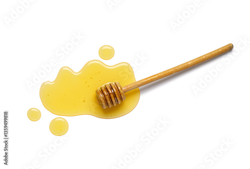 Spilled sweet honey and wooden dipper isolated on white background