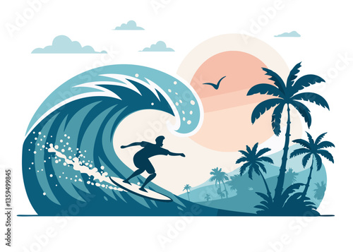 Surfer riding a big wave with palm trees and a sunset in a vibrant beach setting