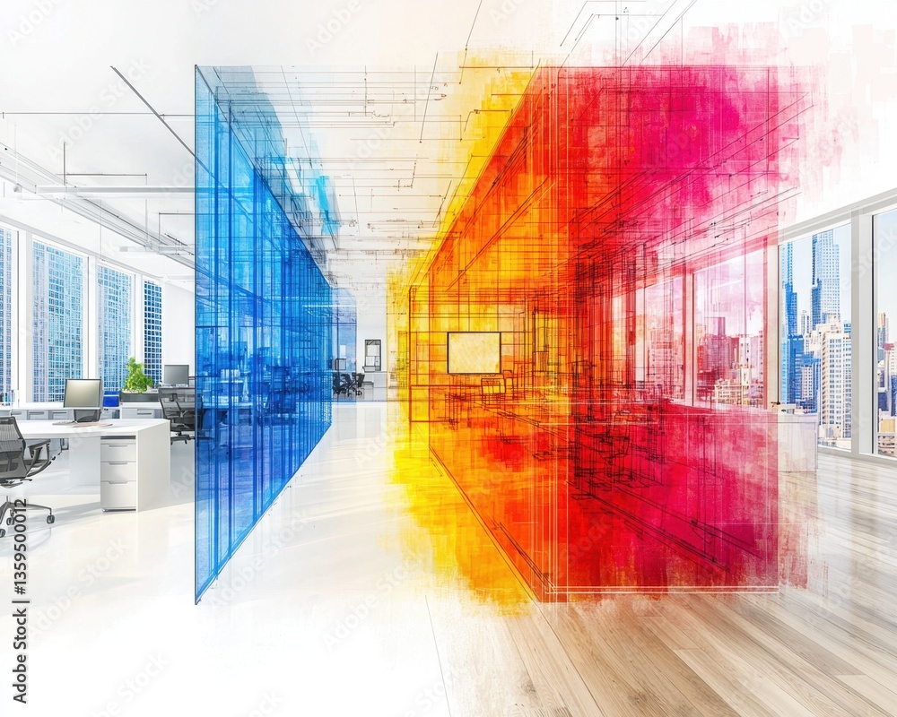 Obraz premium A modern office space featuring vibrant blue and orange translucent panels, creating a dynamic contrast in a bright, open environment.
