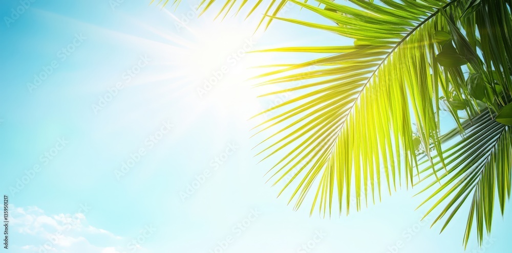 Obraz premium A vibrant sun shines through lush palm leaves against a clear blue sky, evoking a tropical paradise.