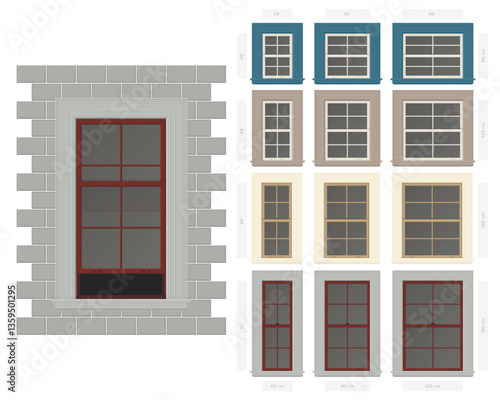 Vector single hung four section typical window set in different sizes and colors