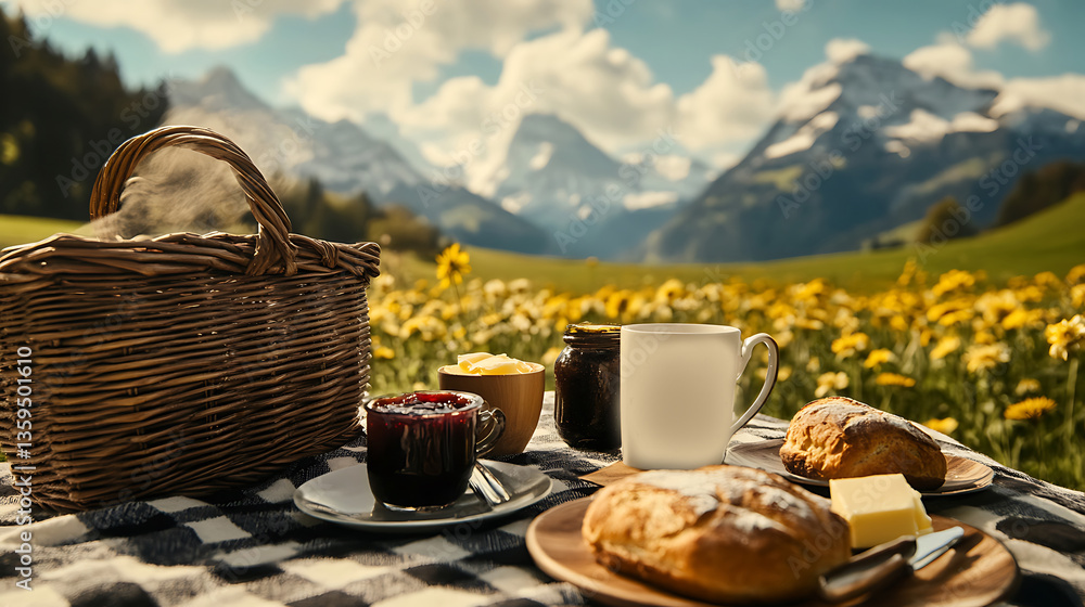 Fototapeta premium A Swiss breakfast table featuring freshly baked Zopf bread, butter, jam, and coffee