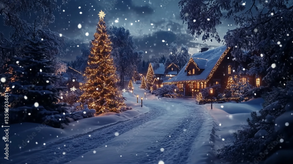 Magical Snowy Christmas Village Night Scene Illuminated Houses & Christmas Tree Magical Snowy Christmas Village Night Scene Illuminated Houses & Christmas Tree