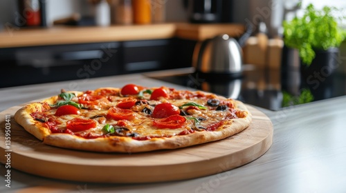 Modern Kitchen Setup Featuring an Air Fryer and Delicious Homemade Pizza in a Contemporary Culinary Environment