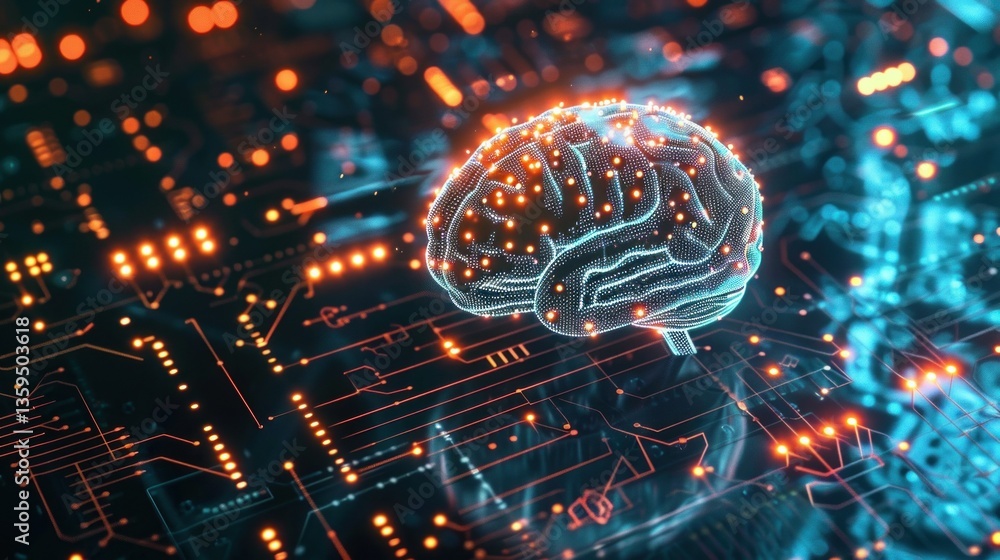 AI technology concept with a glowing brain and digital circuit patterns. AI technology concept with a glowing brain and digital circuit patterns.