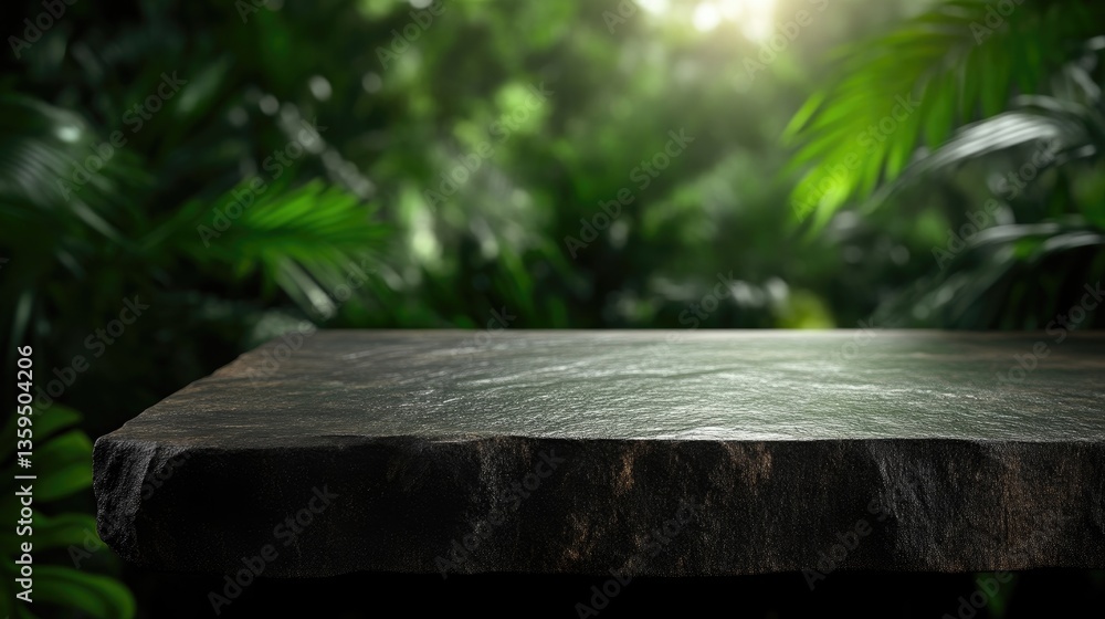 Fototapeta premium Dark wooden table in a lush jungle setting