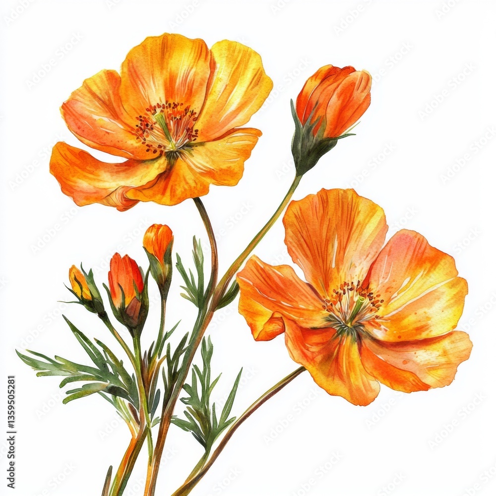 Fototapeta premium Vibrant Orange Poppy Flowers with Delicate Green Leaves in Nature's Splendor
