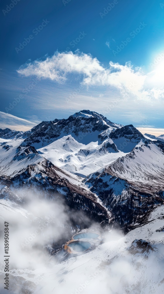 Obraz premium Misty Mountain Peaks Winter Wonderland Snow Covered Landscape