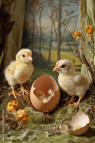 Another view the newly hatched chicks beside their eggshell, a scene brimming with new life and coziness.