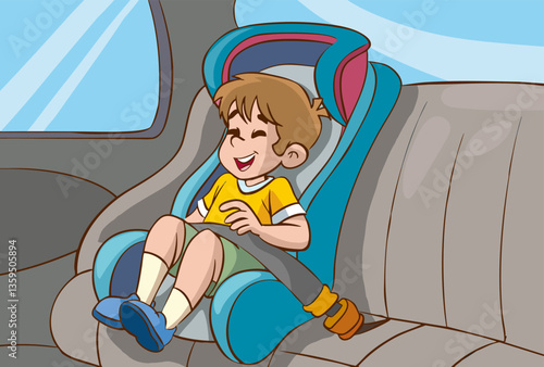 Child Character Sitting in Child Seat in Backseat of Car, Safe Travel. Kids Safety, Comfortable Travel Concept. Happy Boy Sitting in Comfortable Chair for Transport. Cartoon People Vector Illustration