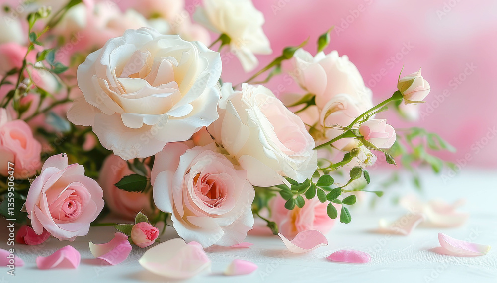 The image shows a delicate floral arrangement of white and pink roses. The petals seem airy and slightly illuminated by soft natural light. The background is pastel colors. The image shows a delicate floral arrangement of white and pink roses. The petals seem airy and slightly illuminated by soft natural light. The background is pastel colors.