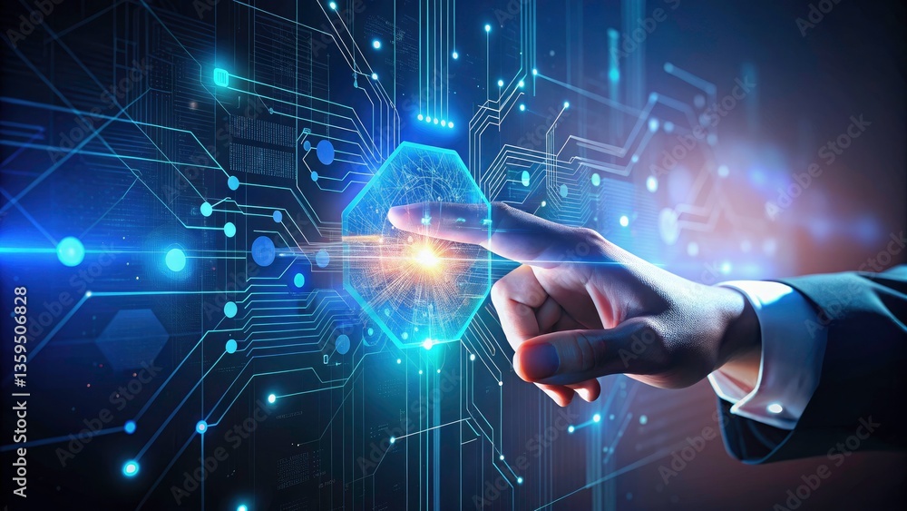 AI Business Analytics: Futuristic Hand Interacting with Data on Virtual Screen AI Business Analytics: Futuristic Hand Interacting with Data on Virtual Screen