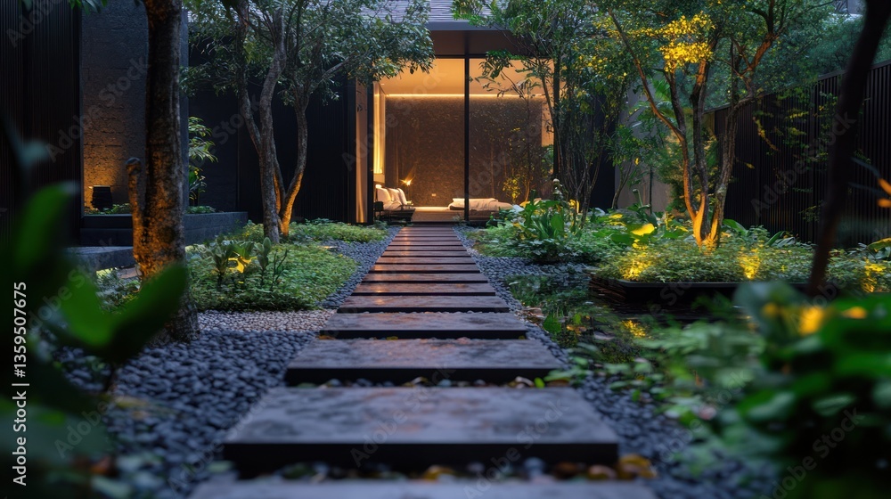 Obraz premium Modern garden pathway leads to a tranquil interior. A pathway of dark stone slabs winds through a lush garden, illuminated by subtle lighting