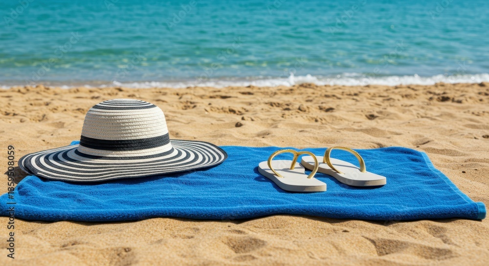 Obraz premium A cozy beach relaxation scene with a blue towel, striped sun hat and white flip-flops laid on the soft warm sand