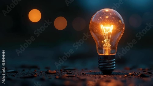 Glowing light bulb on ground, warm mood, electric illumination, saving energy concept.