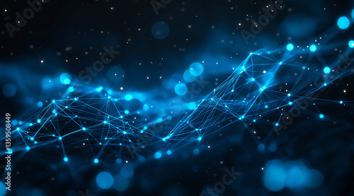 Futuristic glowing blue digital network background featuring interconnected lights on a dark space, perfect for technology, innovation, and data-driven design concepts