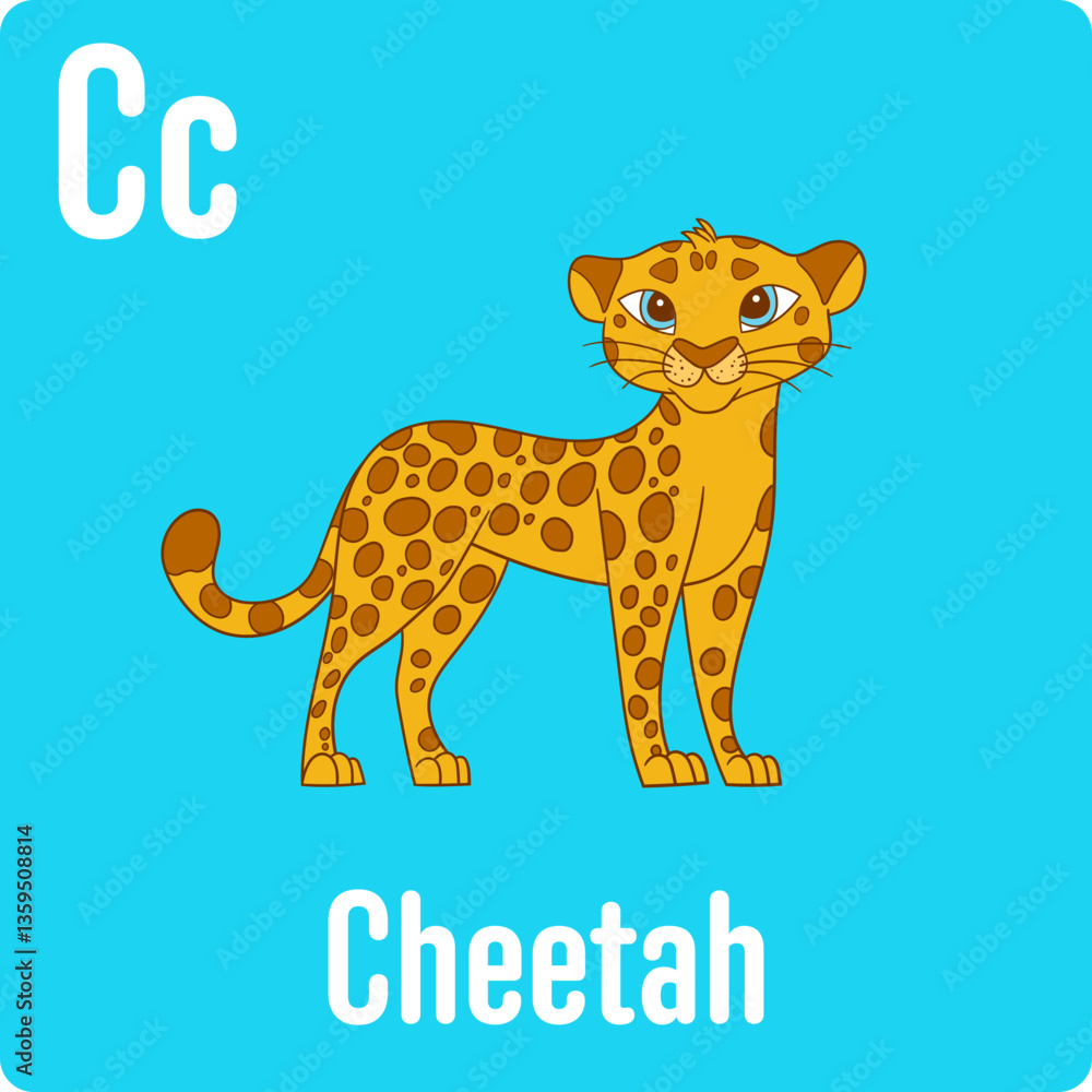 Fototapeta premium Cartoon drawing of a spotted wild cat. Large cat with yellow fur and brown spots and blue eyes. Blue background with text.