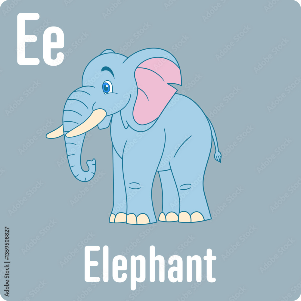 Obraz premium Adorable cartoon elephant, letter E, playful visual for kids, promoting learning and fun. Simple yet charming. Great for educational material.
