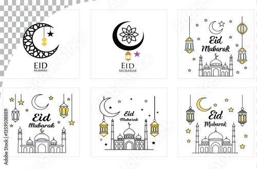 New 1 Eid Mubarak set of vector illustration art vector design Arabia, calligraphy, concepts, horizontal, icon set, illuminated, invitation, Islam, month, moon, no people, outline, poster, religion
