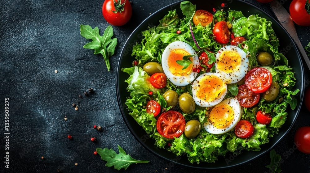 Fresh, vibrant salad with hard-boiled eggs, cherry tomatoes, arugula, and olives Fresh, vibrant salad with hard-boiled eggs, cherry tomatoes, arugula, and olives