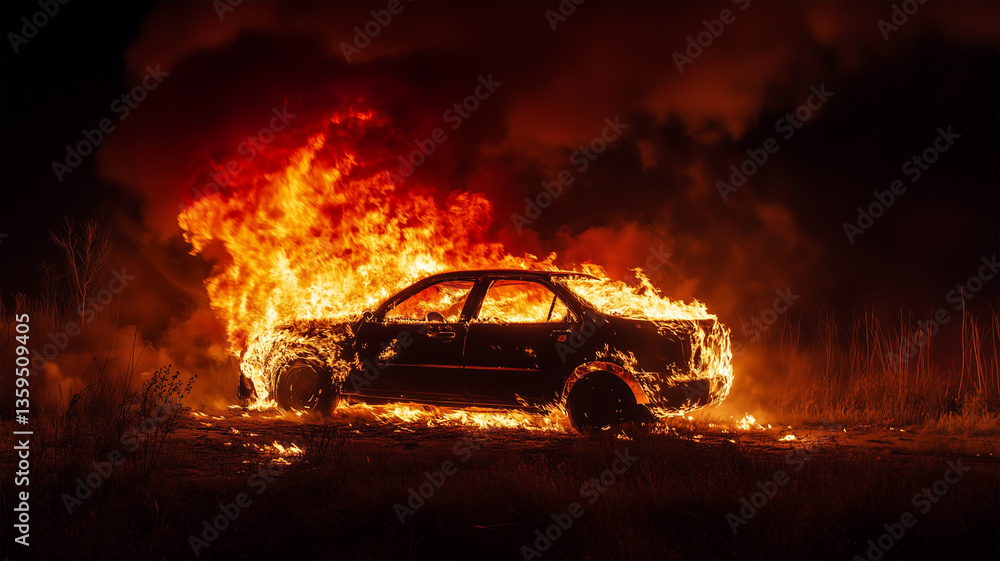 Obraz premium 夜の闇に浮かぶ燃える車の輪郭