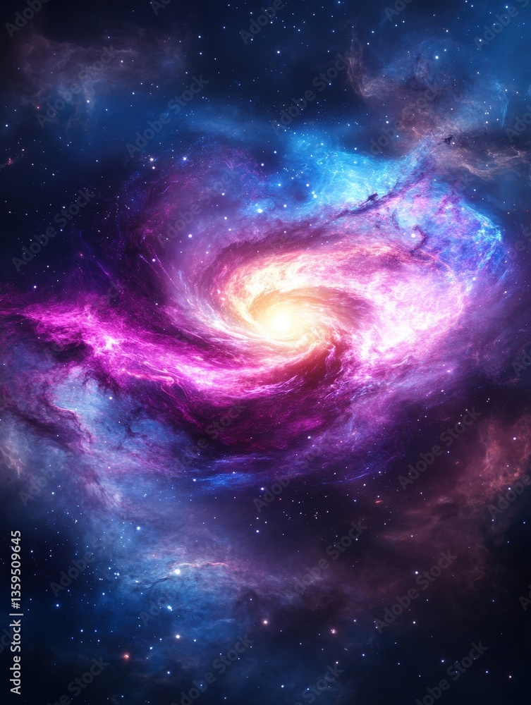 Obraz premium A vivid depiction of a colorful galaxy swirling in space, radiating bright hues of pink, purple, and blue against a backdrop of stars.