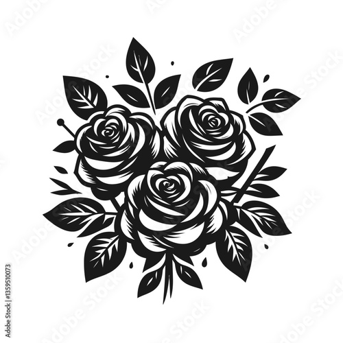 Beautiful bouquet with three red roses and leaves  logo black color vector isolated white background 