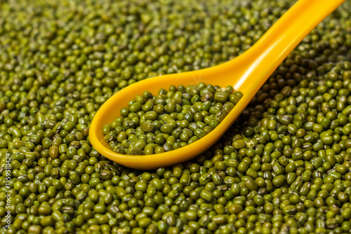 Obraz na plátně Closeup of Green Moong Dal beans in a spoon