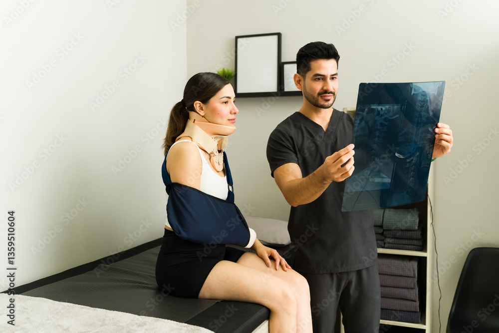 Fototapeta premium Hispanic physiotherapist reviewing x-ray results with neck-braced patient wearing arm sling during medical consultation in clinical setting
