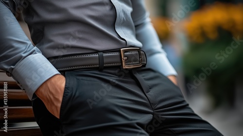 Man in formal attire with belt highlighting fashionable outfit