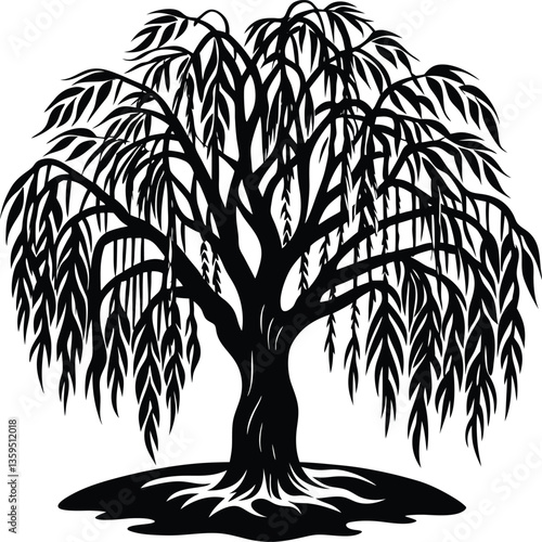 willow tree black and white silhouette vector design