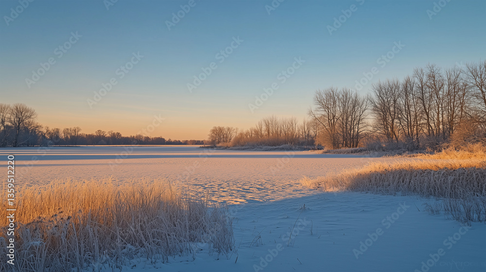 Fototapeta premium 雪原に映る夕日と影が語る冬の温度差