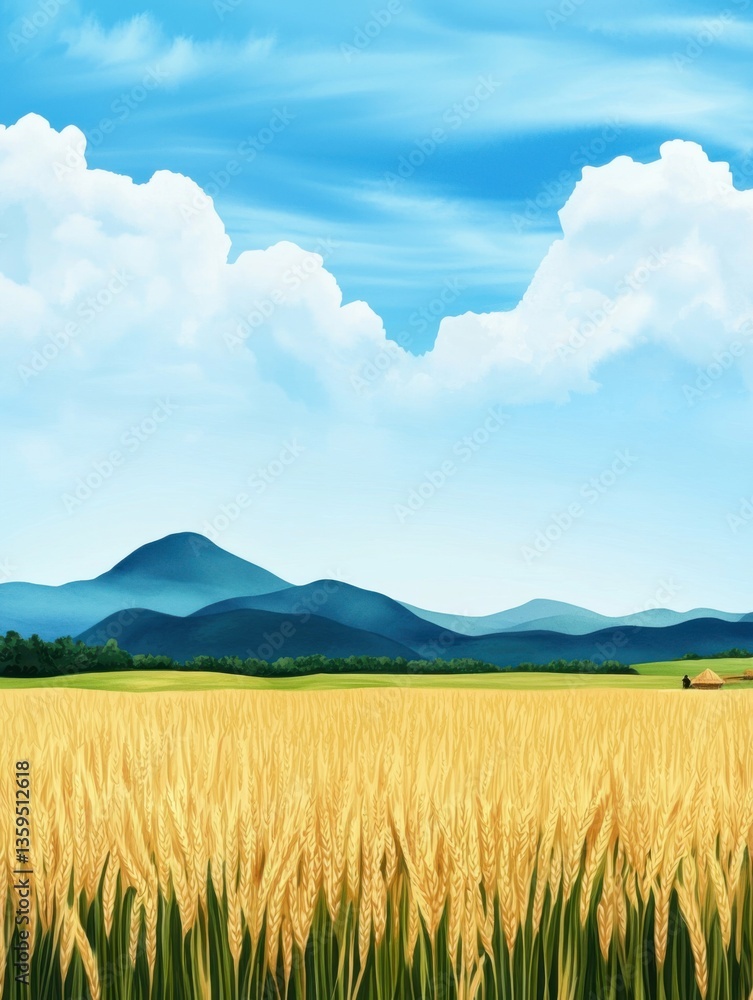 Fototapeta premium A vibrant landscape featuring golden wheat fields under a bright blue sky, framed by distant mountains and soft, fluffy clouds.