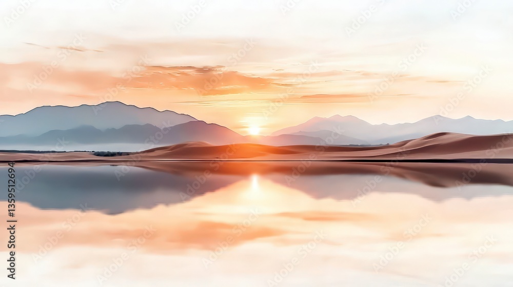 Fototapeta premium Serene Sunset Oasis Desert Dunes Mountain Reflection Calm Water