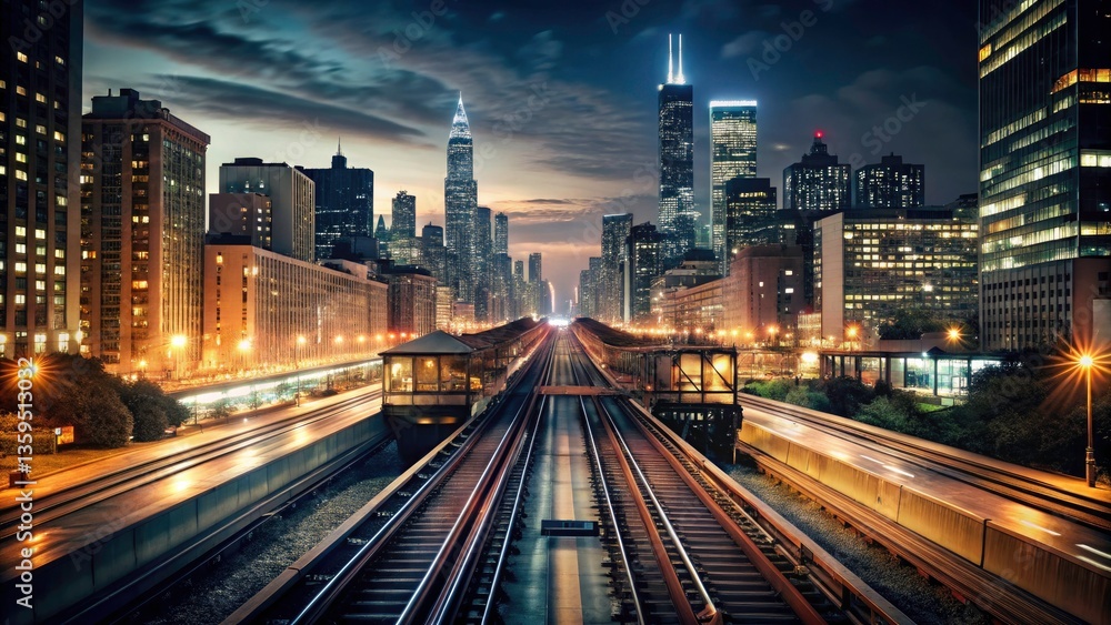 Fototapeta premium Chicago Night Lights: L Train & Millennium Park Timelapse - Elevated Rails, Skyline Panorama