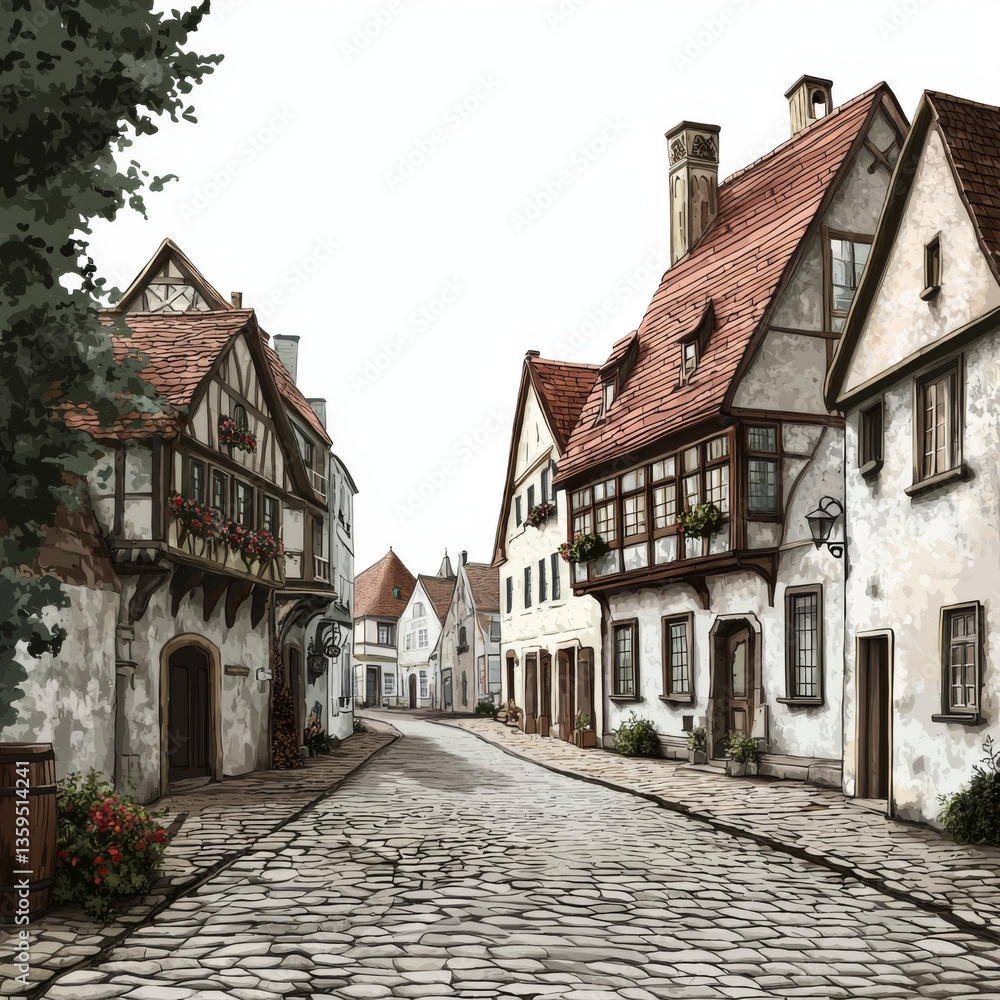 Obraz premium Charming cobblestone street lined with vintage houses and decorative balconies in a quaint European village setting