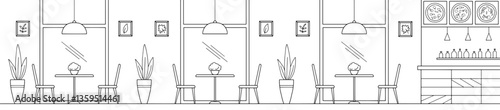Pizzeria interior fast food restaurant graphic black white sketch long illustration vector 