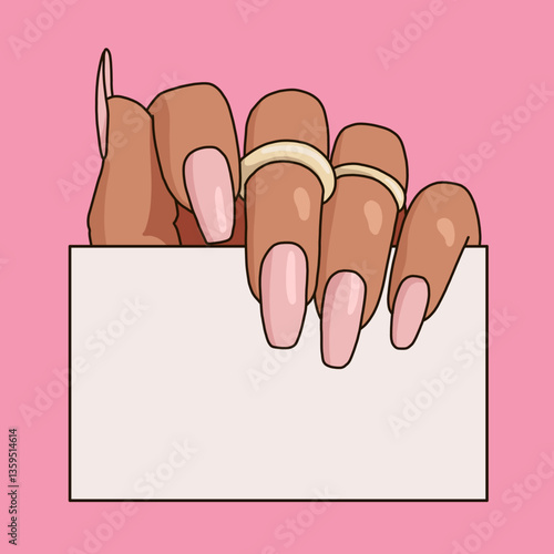 Isolated Woman's Hand with long Nails and Golden Rings Holding Blank Personal Business Card. Icon Template Mockup Illustration on a Pink Background