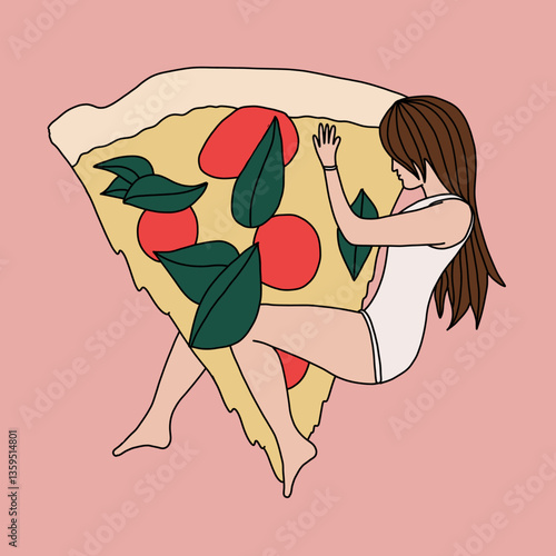 Stylized Woman with Pizza Slice Illustration