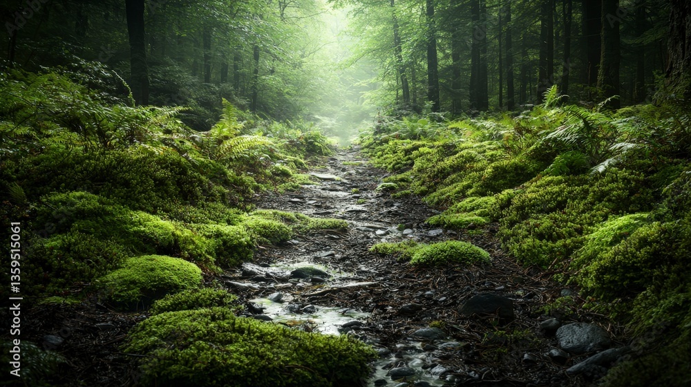Fototapeta premium Exploring tranquil forest pathway lush nature setting serene landscape captured in soft light
