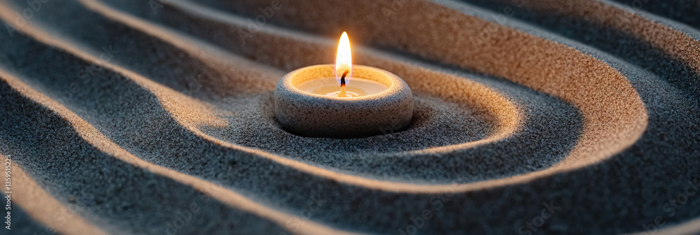 Lit Candle in Stone Holder on Textured Sand